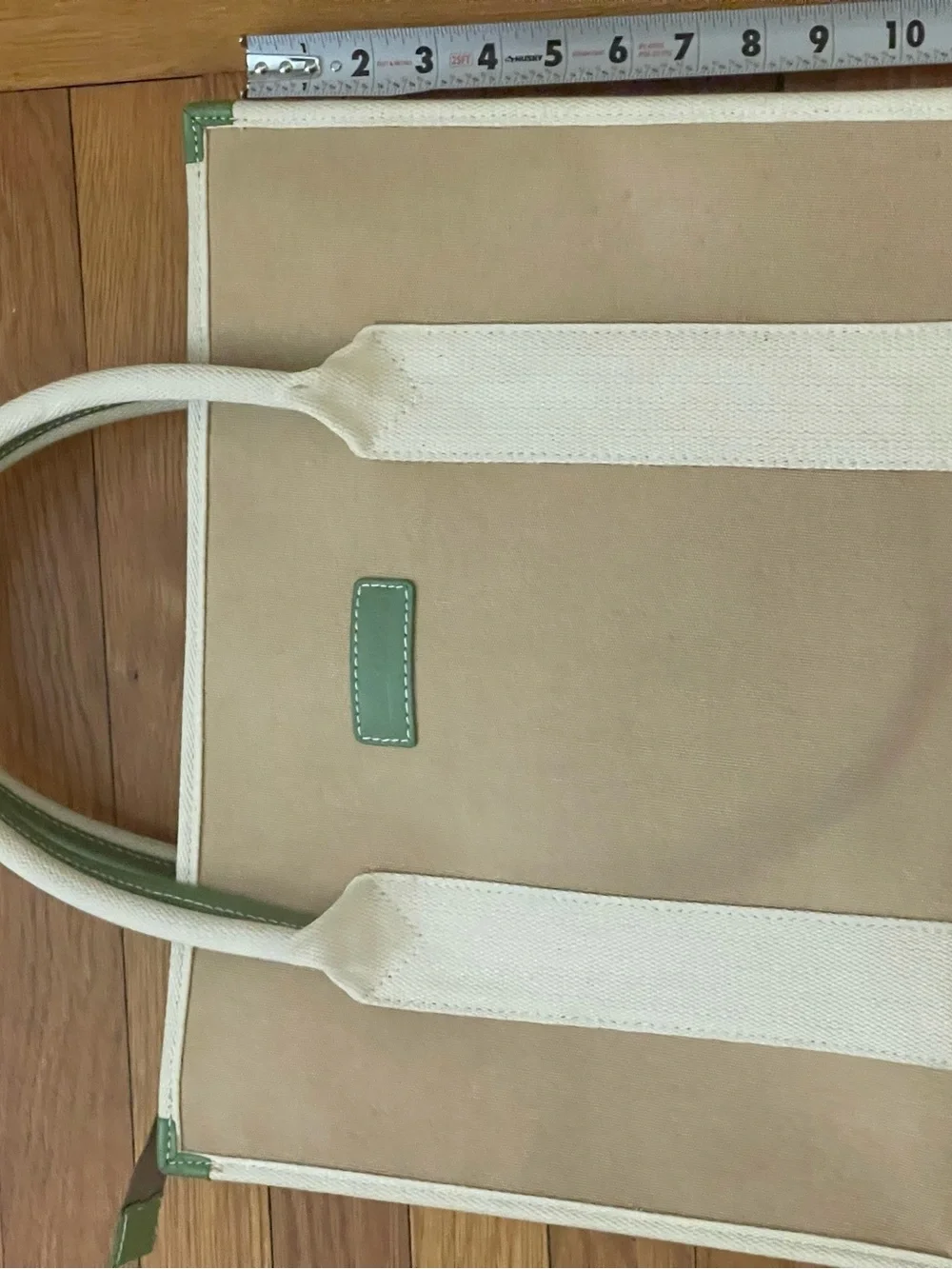 Rare Dooney & Bourke Neutral Canvas Laptop Bag with Green Leather Trim